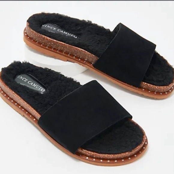 Vince Camuto Shoes - New Vince Camuto Women's Kanadial Slide Sandal Suede Faux Fur Black Comfy NIB